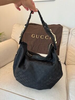 Authentic Gucci Black GG Canvas Shoulder Hobo with Braided Strap